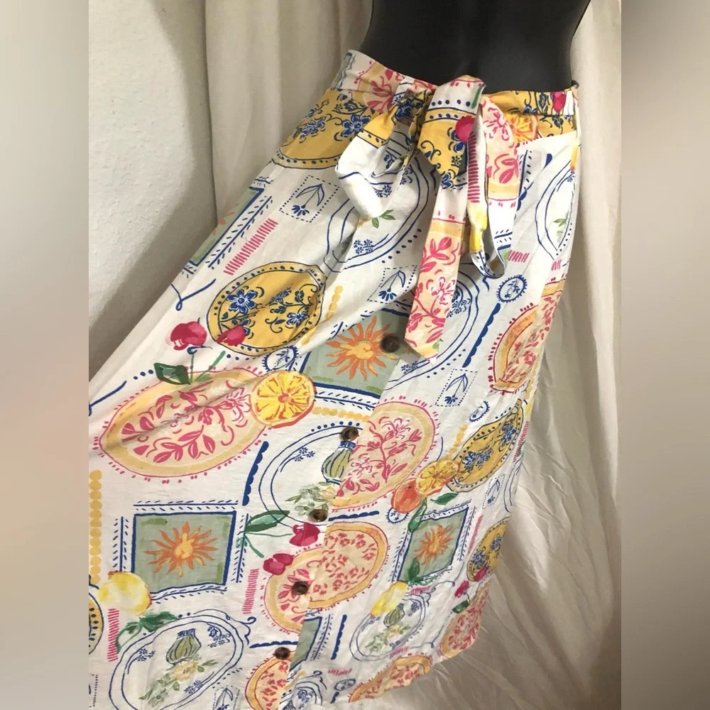 Fruit Celestial multi print boho‎ self tie waist buttoned  skirt size large new